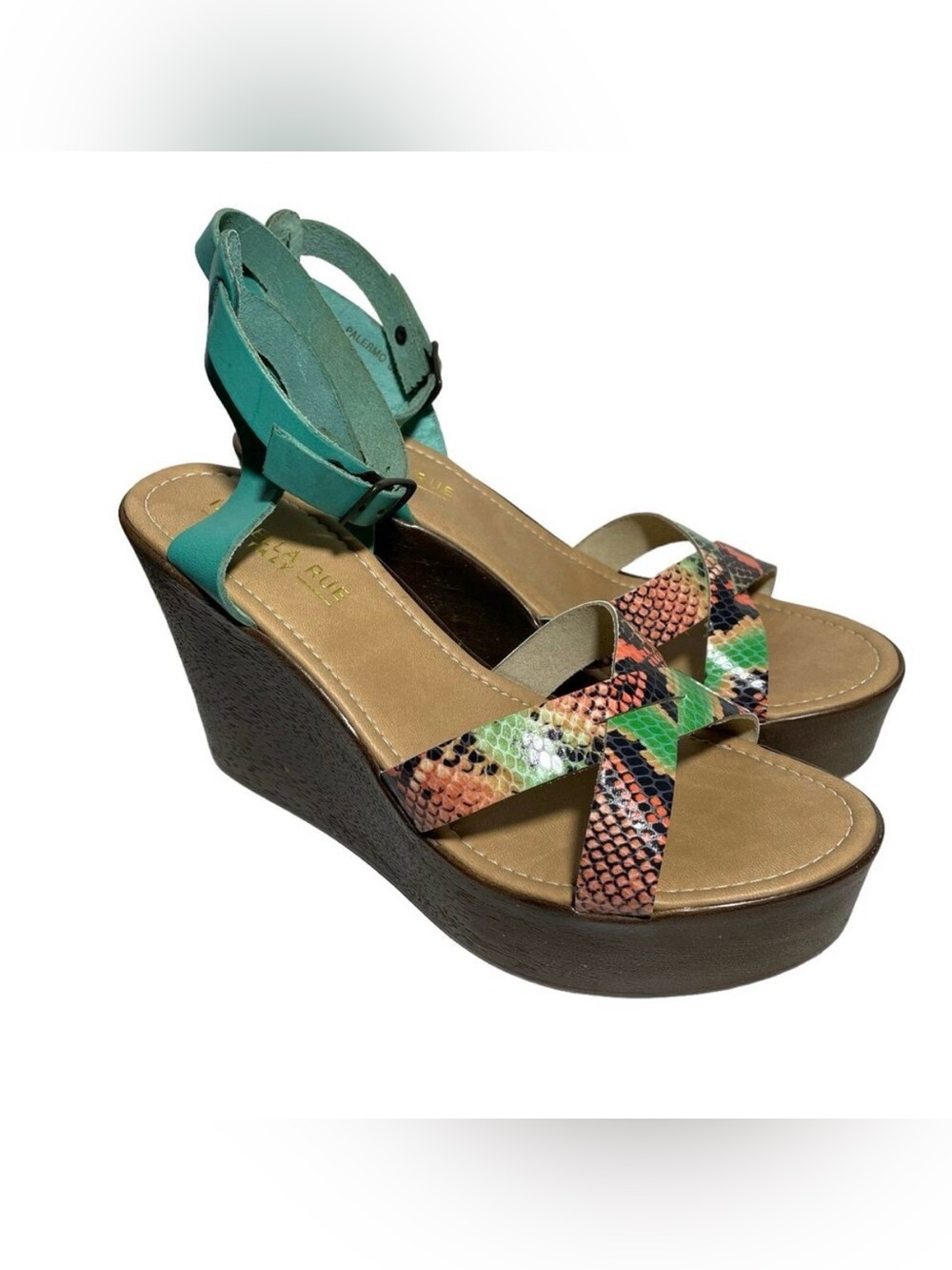Isabella Rue Palermo Platform Shoe Snakeskin Print Size 10 Aqua Blue Ankle Strap